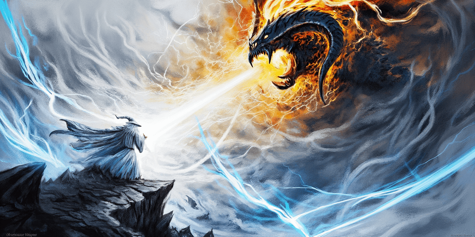 AI generated: An abstract, powerful depiction of the final clash between Gandalf the Grey and the Balrog of Moria ...