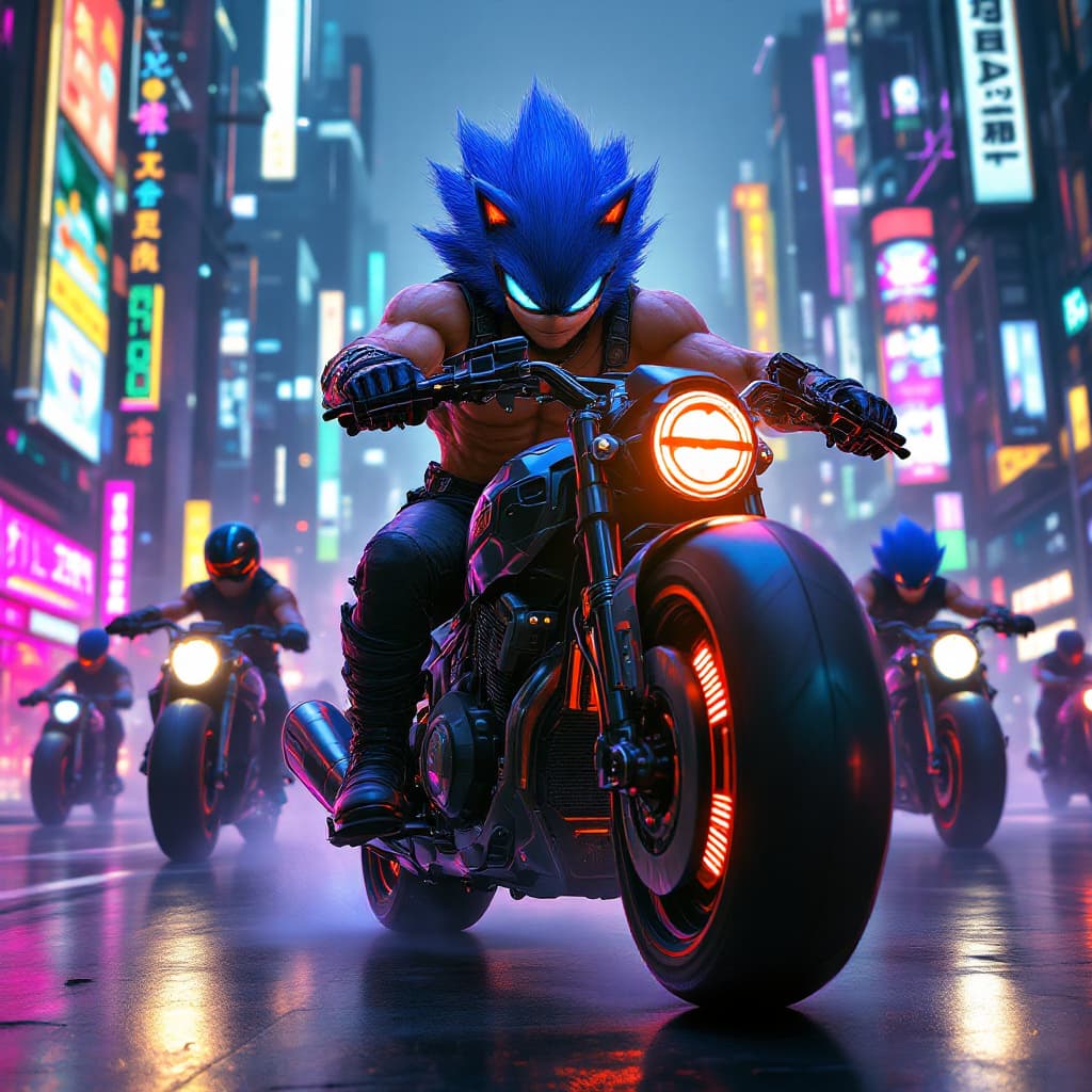 AI generated: A muscular and imposing Super Sonic rides a futuristic, ultra-modern motorcycle. He is the leader of...