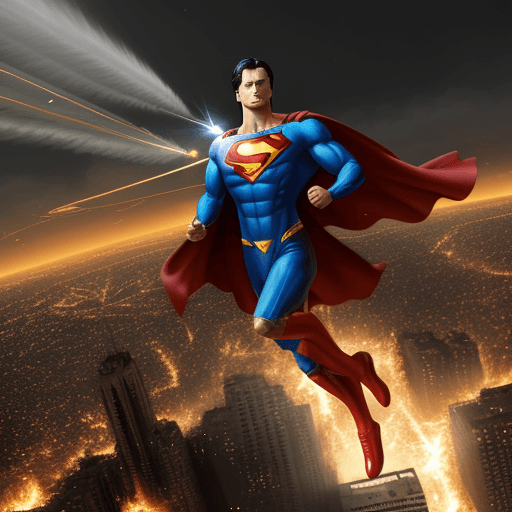 AI generated: Golden superman, flies over burning city