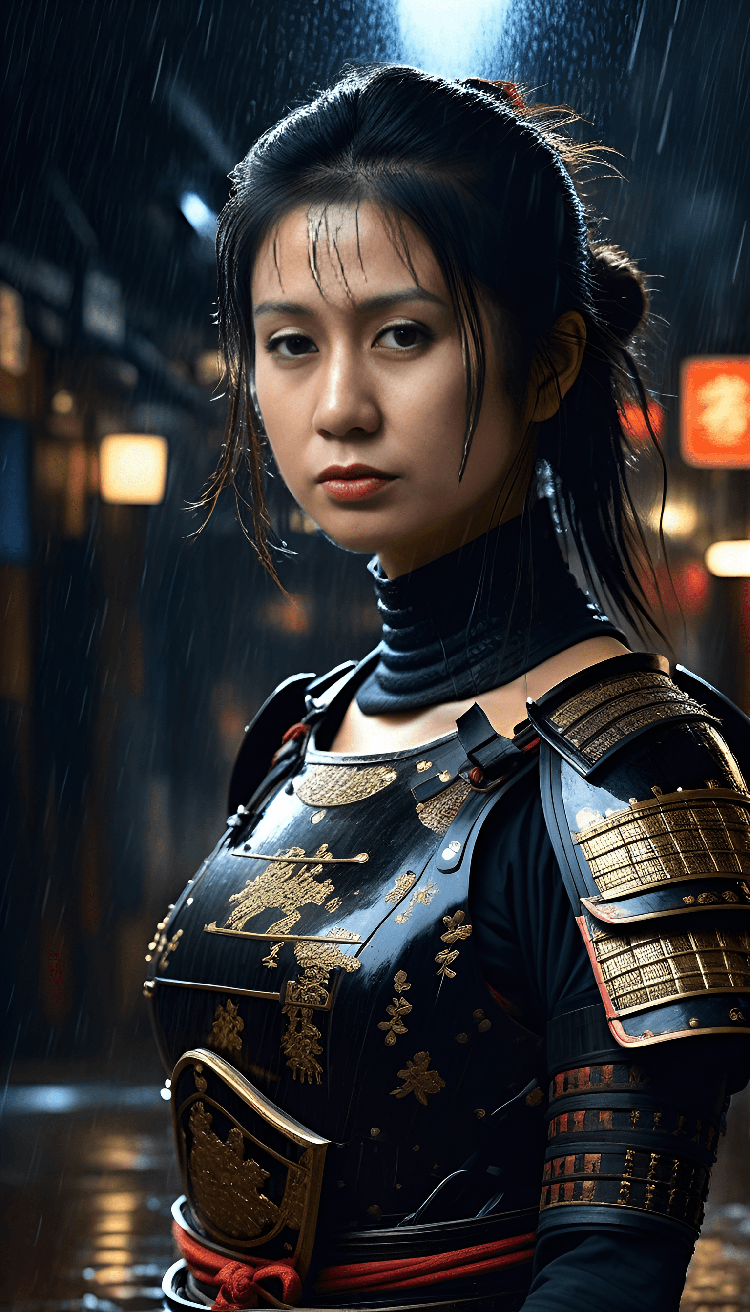 AI generated: epic digital portrait of a woman samurai in black armor, intricate samurai armor, no helmet, text "S...