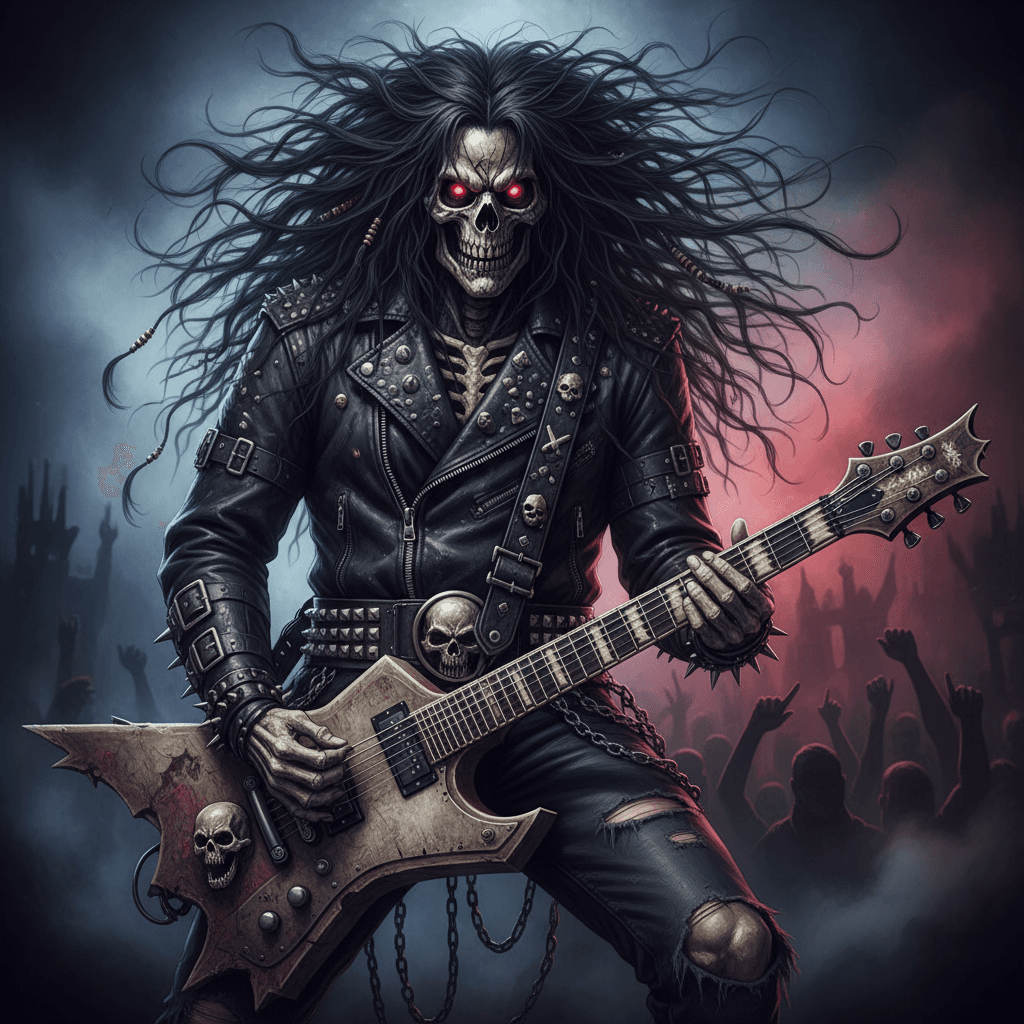 AI generated: Portrait of a Metal Guitar:4 hero skelton face with leather clothes and very long hairs