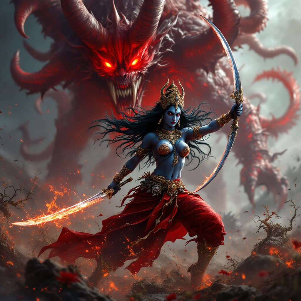 AI generated: Kali is shown with her with full  muscular body weapons curved sword in battlefield fighting demons ...