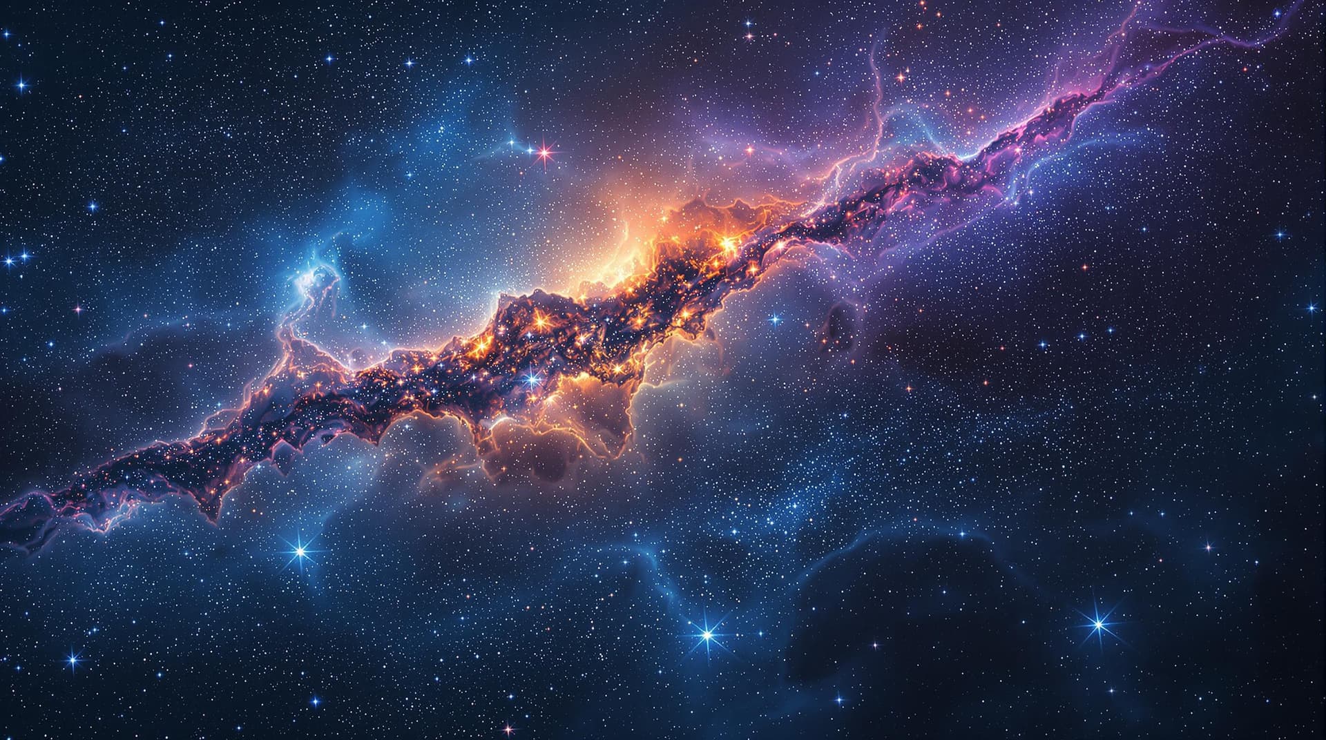AI generated:  nebula with gaz and stars,in a waterfall landscape shape in a close view the gaz,stars and dust res...