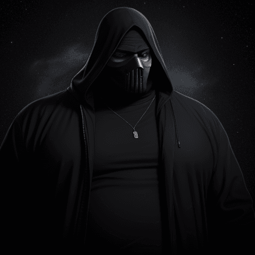 AI generated:  high quality foto of a big man, wearing a black mask, dark looking eyes, space
