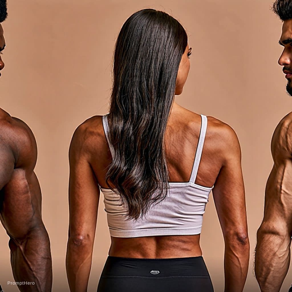 AI generated: Create this image of women with mascular men seeing each other passionately. Men back side and women...