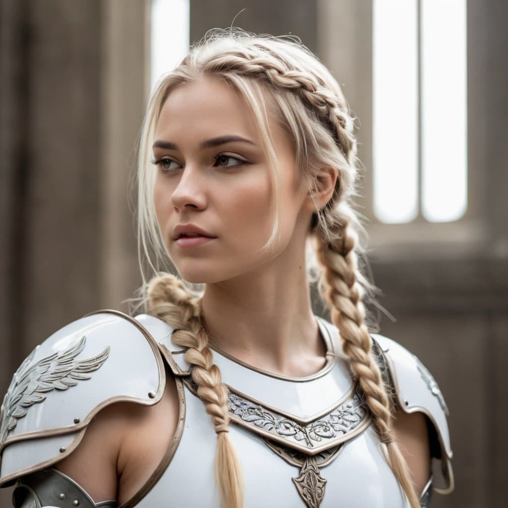 AI generated: an angelic warrior, a beautiful blonde woman with hair in a braid, wearing white armour