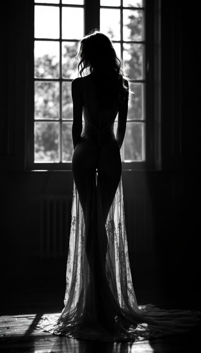 AI generated: A realistic, full body, black and white photograph of a perfect body, with long, wavy hair female fi...