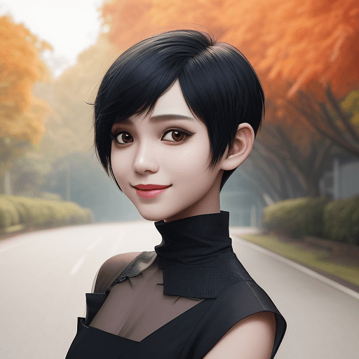 AI generated: A portrait of a shani from jkt48, smiling, Asymmetrical Cut hair style, fall dress, outdoor view, ca...