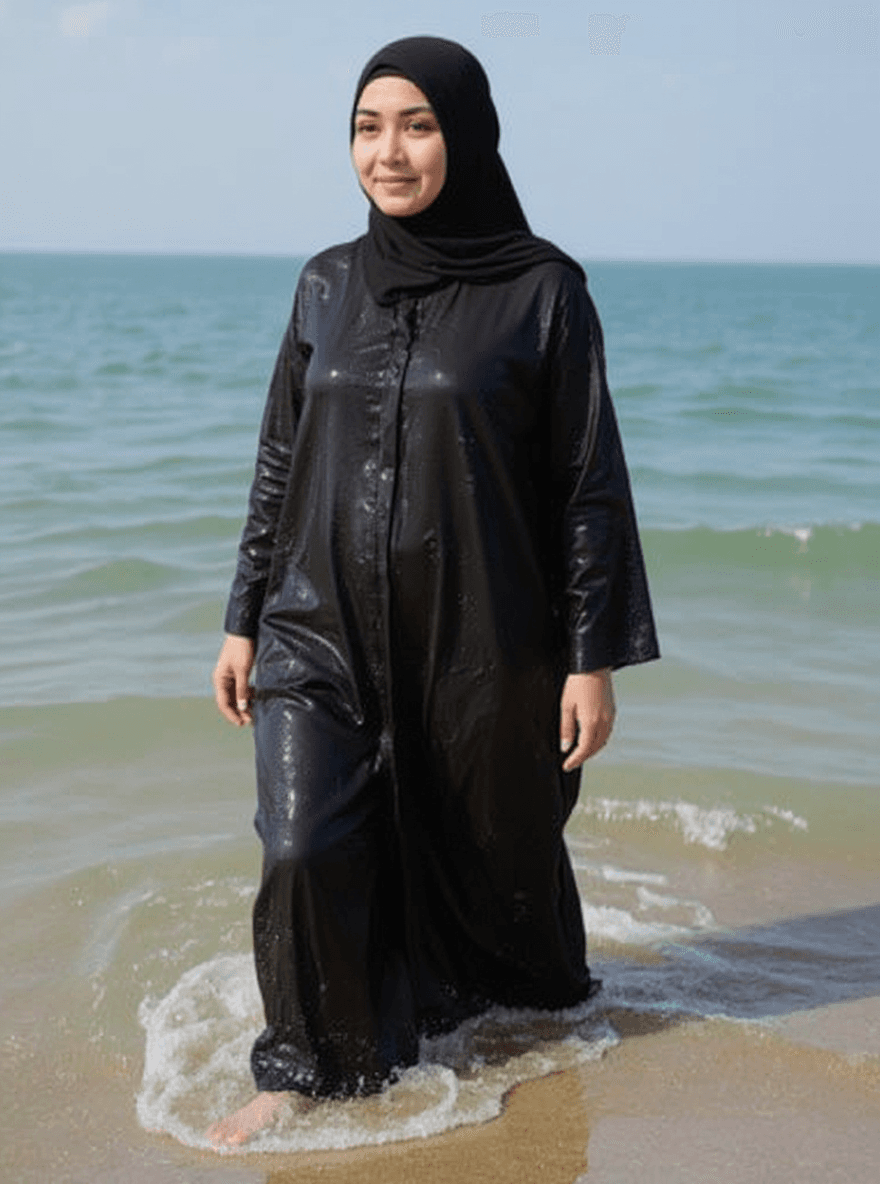 AI generated: A fully clothed Muslim woman wearing a black hijab and loose black abaya, modest Islamic swimwear st...