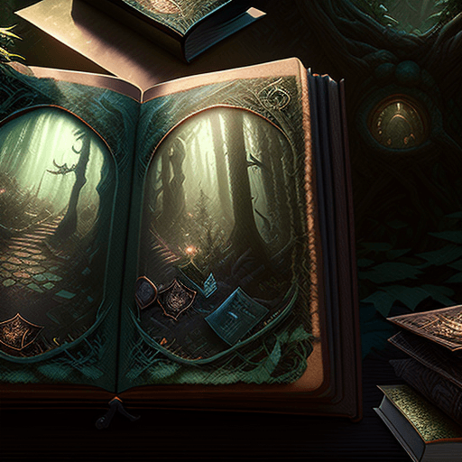 AI generated: mdjrny-v4 style, fantasy spell book sitting on a table in the dark forest, hypermaximalist, insanely...