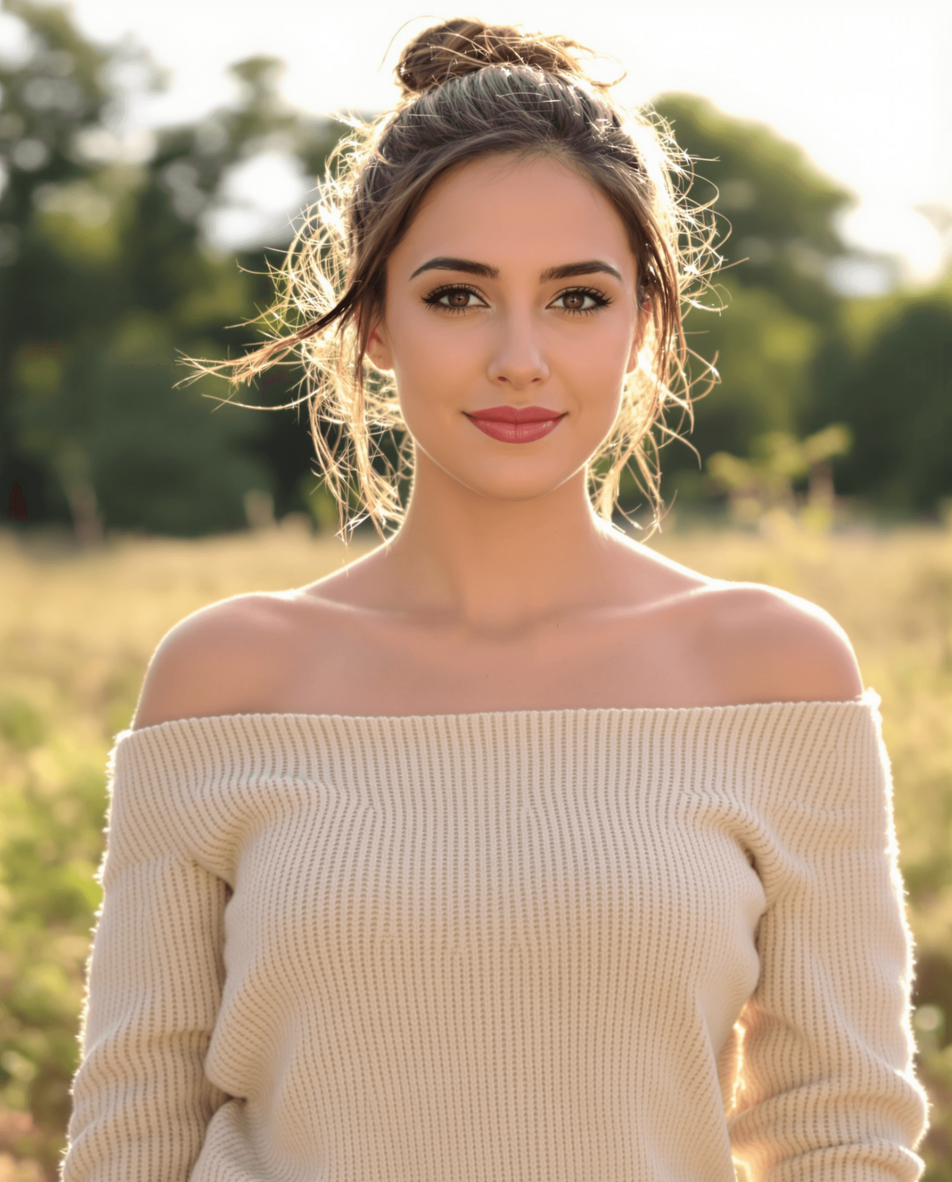 AI generated: Keeley hazell with an oval face, high cheekbones, a softly defined jawline, and a gentle closed-lip ...