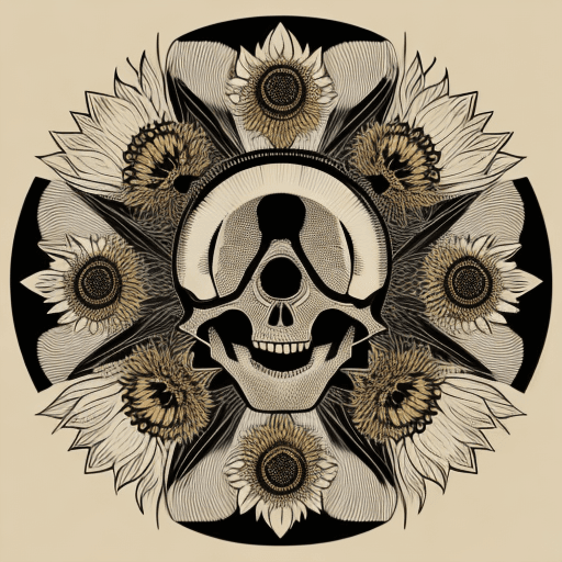 AI generated: sunflower with the center being a skull, lino cut vector art
