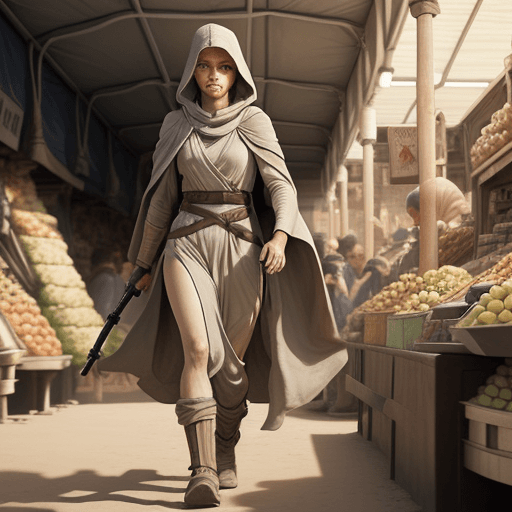 AI generated: A serious and brave female jedi walking through a market in Tatooine, wearing a hooded robe, --ar 4:...