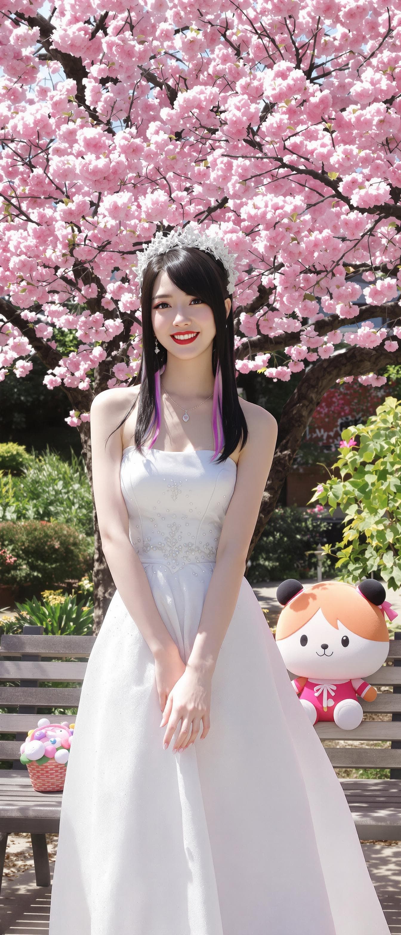 AI generated: a woman, anime realistic, outdoors, garden, cherry blossoms, standing, black hair, multi color hair,...
