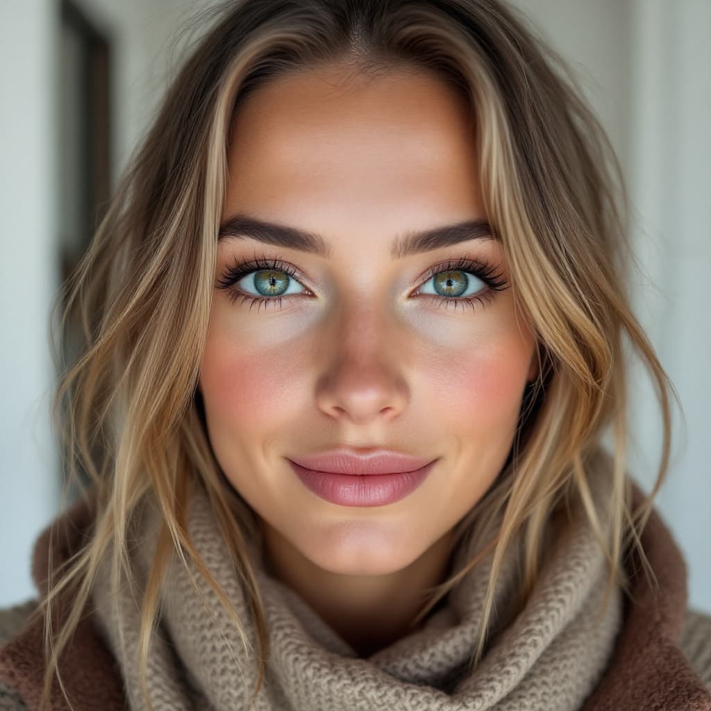AI generated: close-up portrait of a 30-year-old woman with normal appearance on a selfie