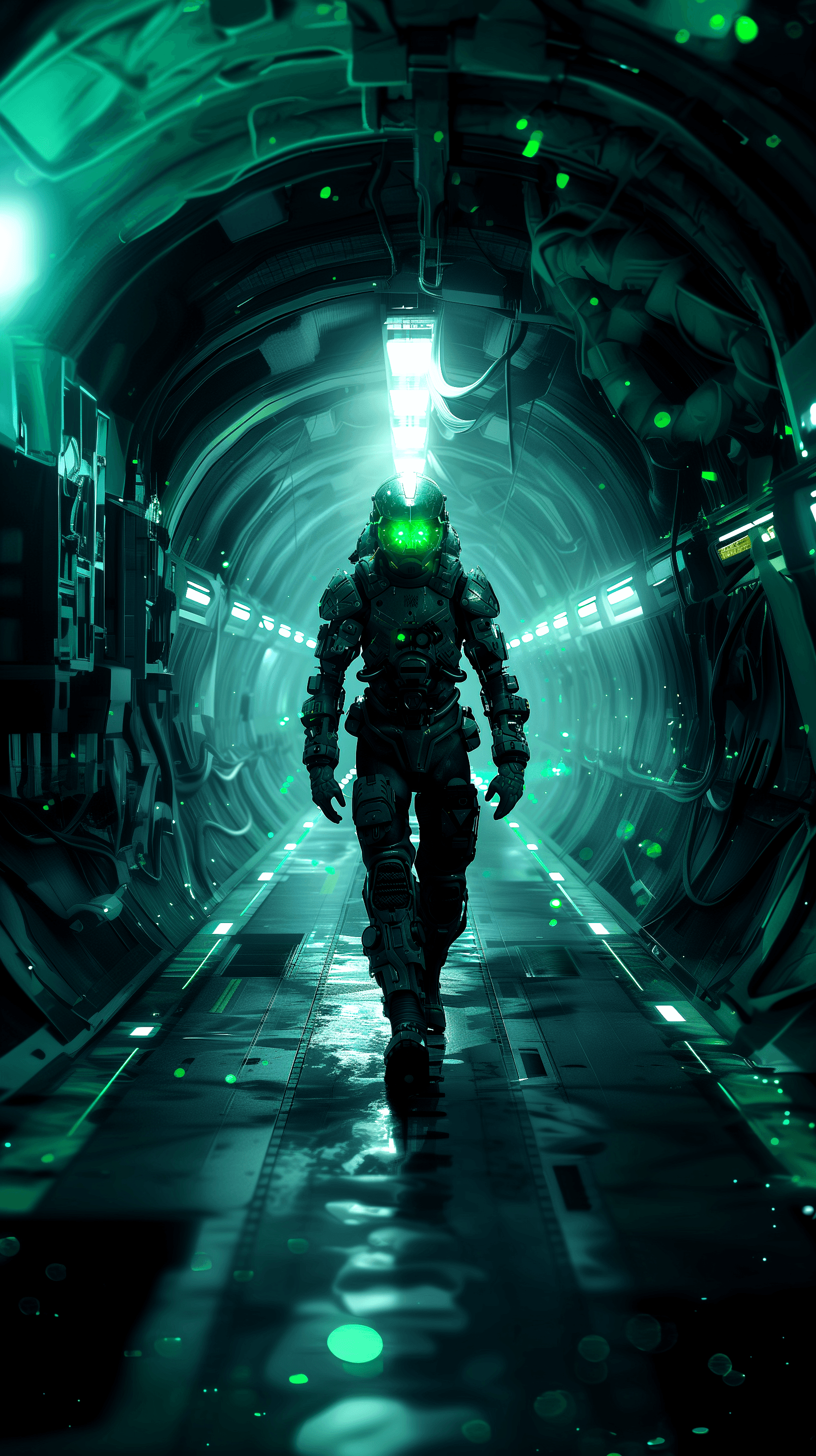 AI generated: cinematic, moody ambiance of a sci-fi facilites, walls and floors with aligned lines, focusing on a ...