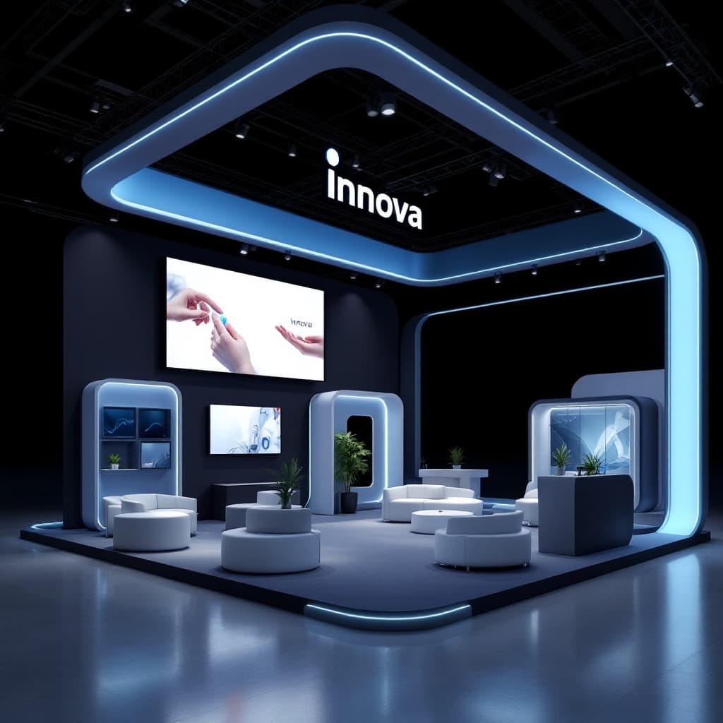 AI generated: an open-layout exhibition booth for the medical company 'Innova,' featuring a central product displa...
