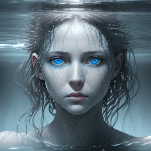 AI generated: the face of woman with beautiful blue eyes, in water, in the style of dystopian realism, realistic p...