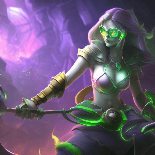 AI generated: dark chemist laboratory league of legends splash art, green gold and black highlights, ghibli, drama...
