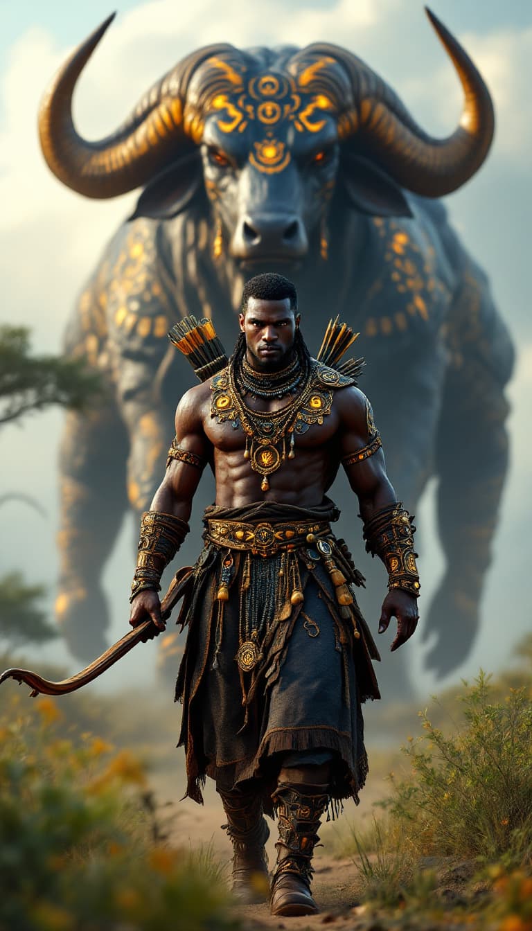 AI generated: An ultra-realistic, wide angle, front facing, full-body portrait of a skilled African Beastmaster, d...