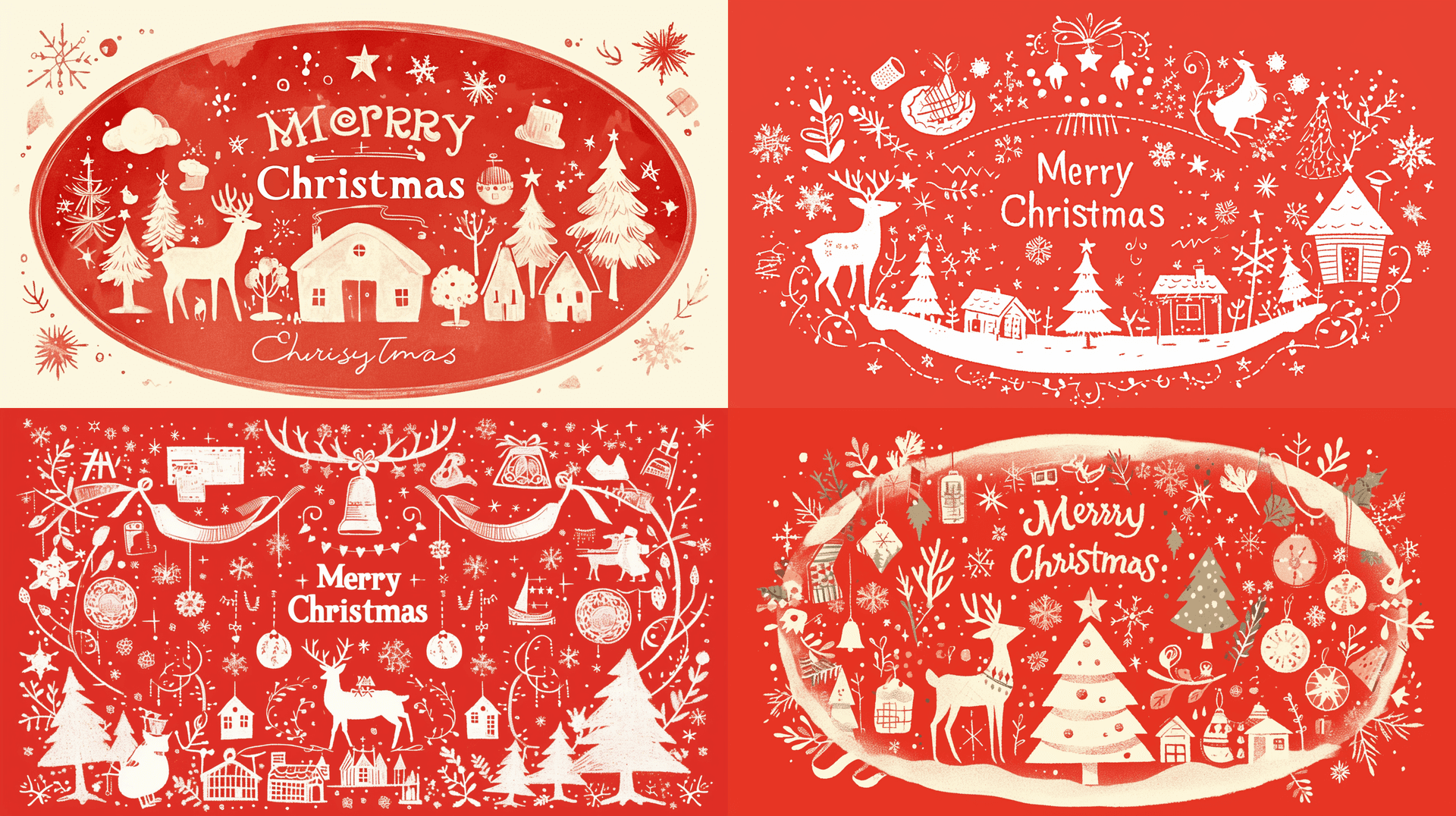 AI generated: A large oval illustrator with the words "Merry Christmas" and snowflakes, reindeer and houses on it ...