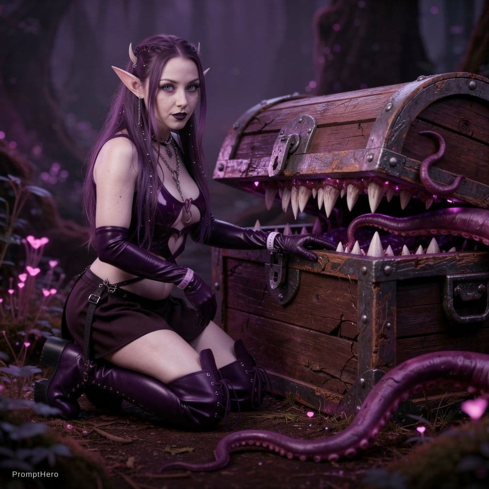 AI generated: have her turn around on hands and knees  with her hands on the bottom inside a chest mimic, its toot...