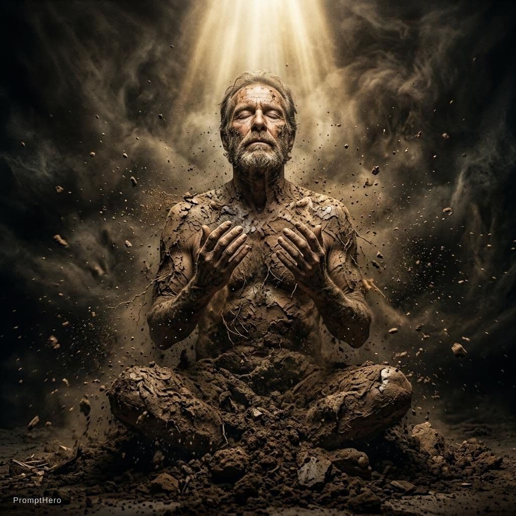 AI generated: A dramatic surreal portrait of a man emerging from earth and dust, eyes closed in a meditative state...