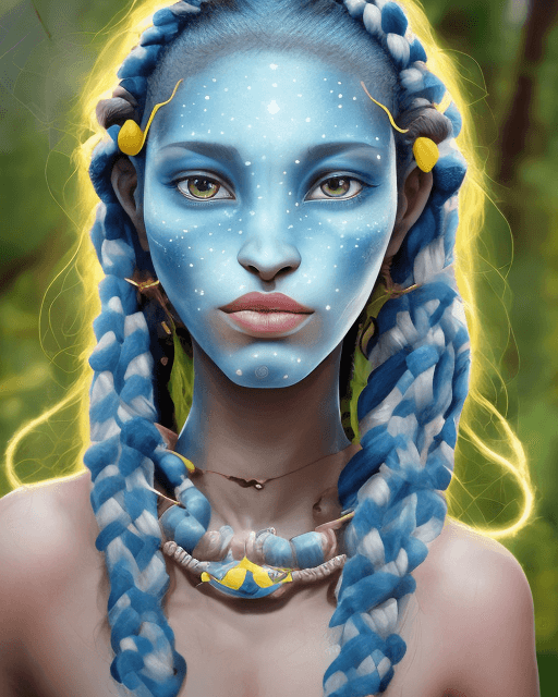 AI generated: na'vi woman, light blue skin, dark blue stripes on face, forehead, and neck, large ears braided hair...
