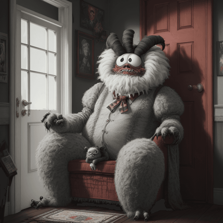 AI generated: edyth jiryevsky monster sitting by the door, in the style of realistic hyper-detailed rendering, qui...