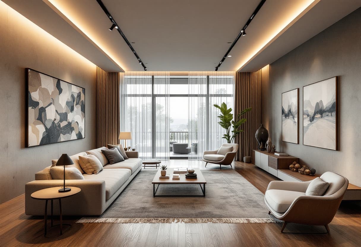 AI generated: interior design of a large luxurious living room, wooden flooring, cement finished walls, track ligh...