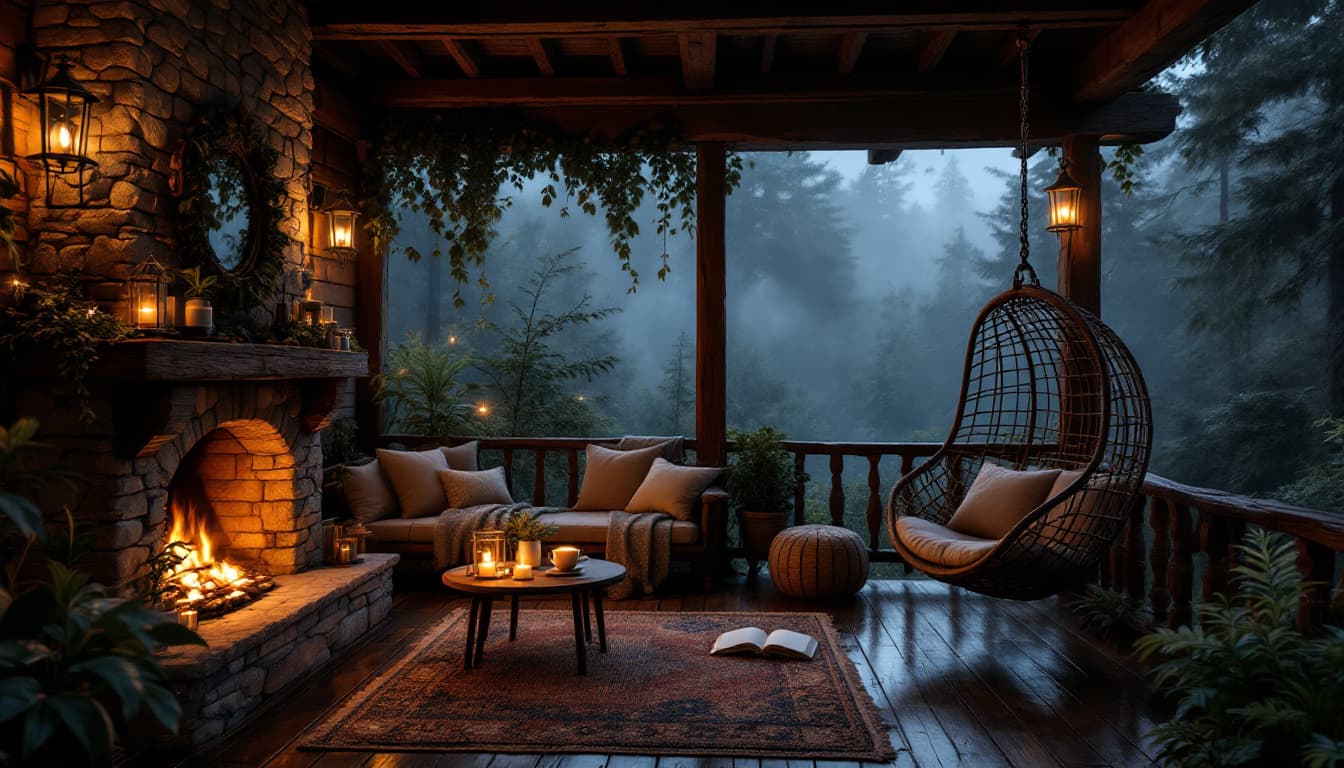 AI generated: A warm and inviting rustic wooden porch nestled deep in a misty forest on a foggy evening. The air i...