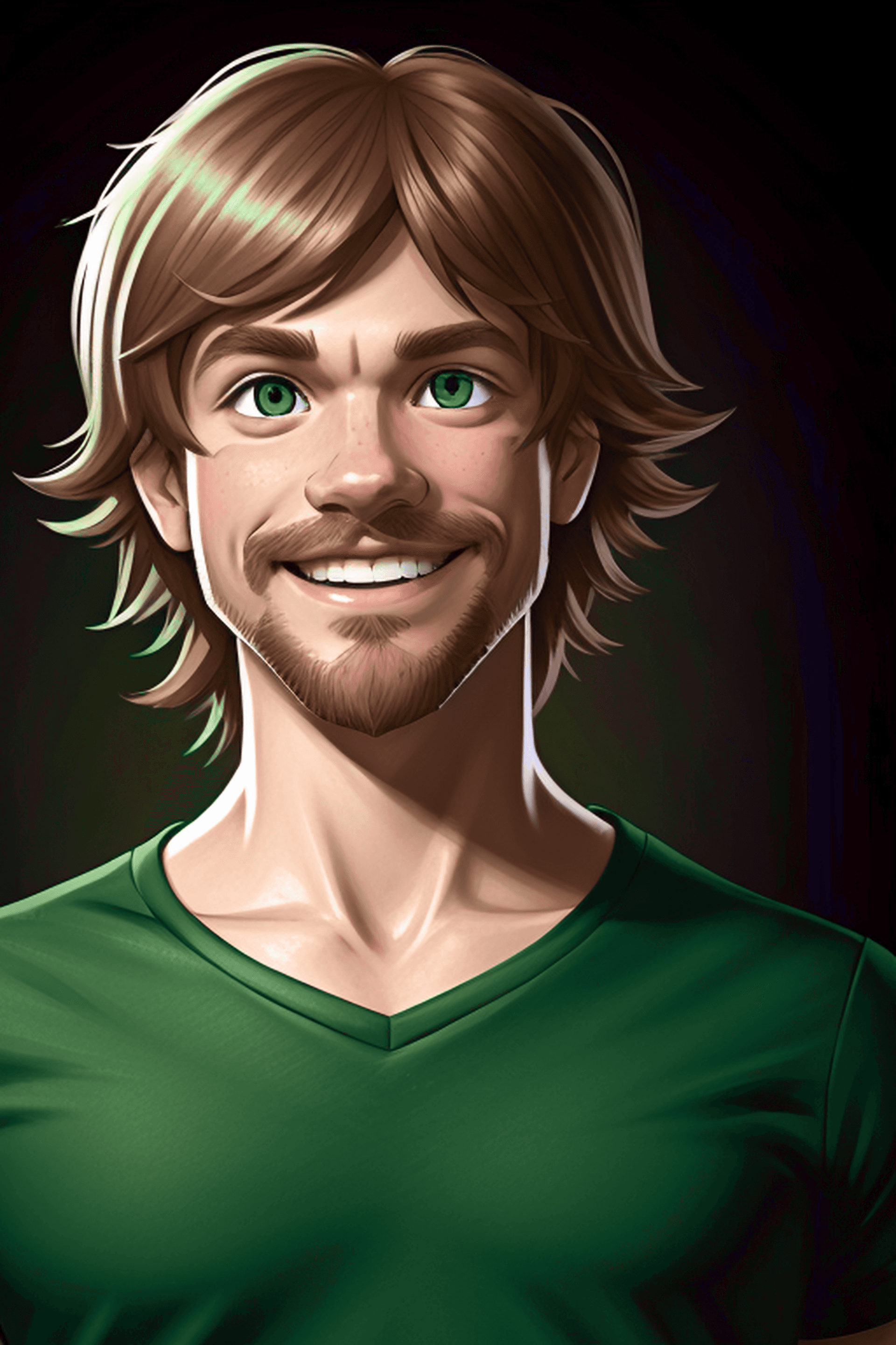 AI generated: shaggy from scooby doo, portrait, green t-shirt, light brown hair, strong, sharp focus, digital art,...