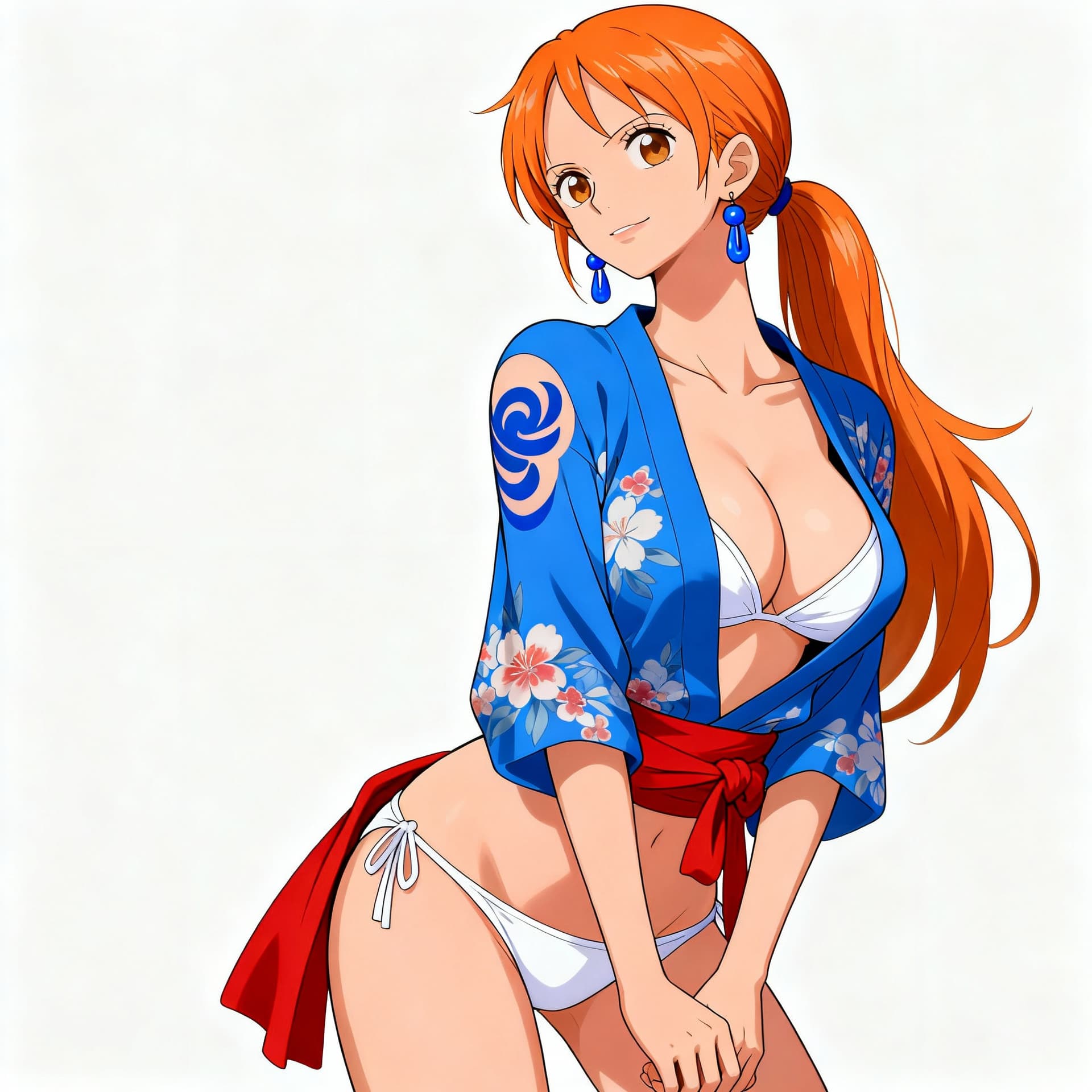 AI generated: This image depicts Nami from One Piece in a suggestive pose. She has fair skin, long orange hair tie...