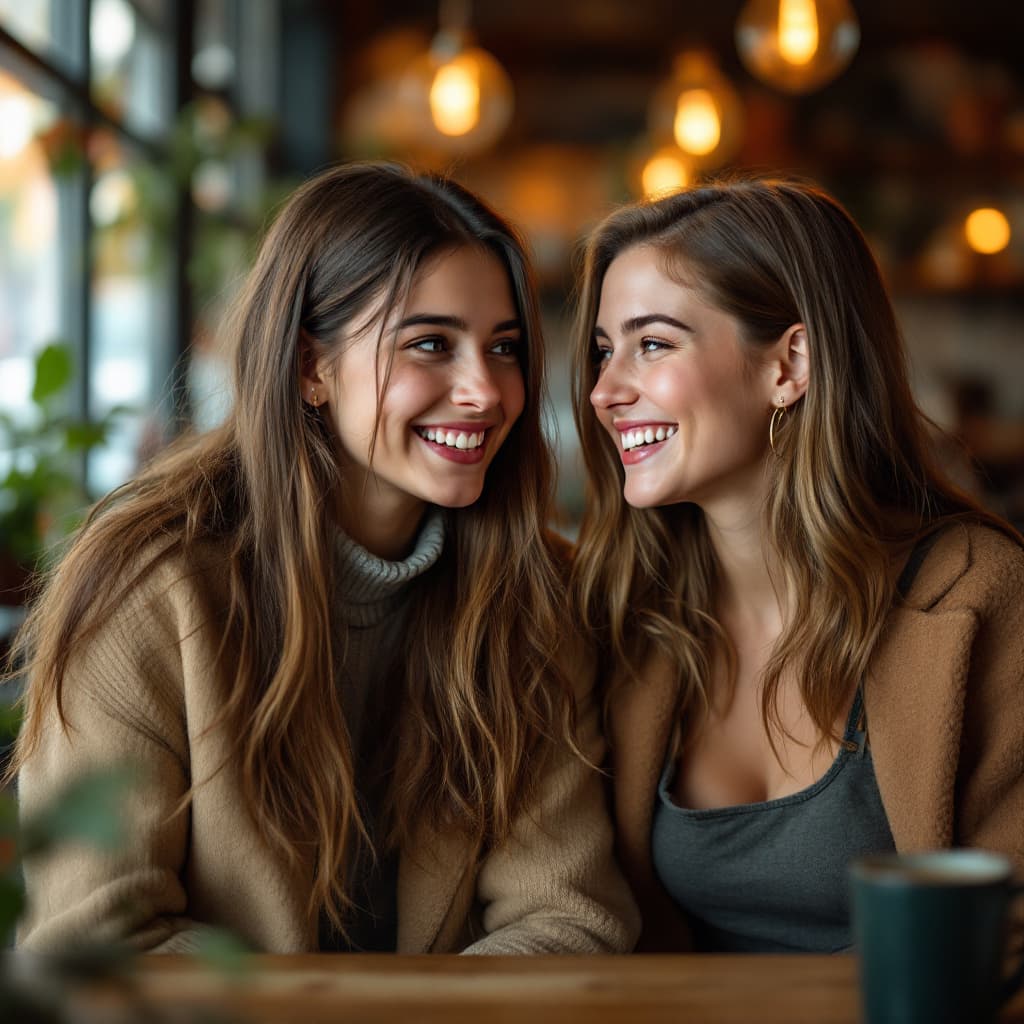 AI generated: A girl with smile sitting with her bestfriend and both are smiling at each other in cafe 
