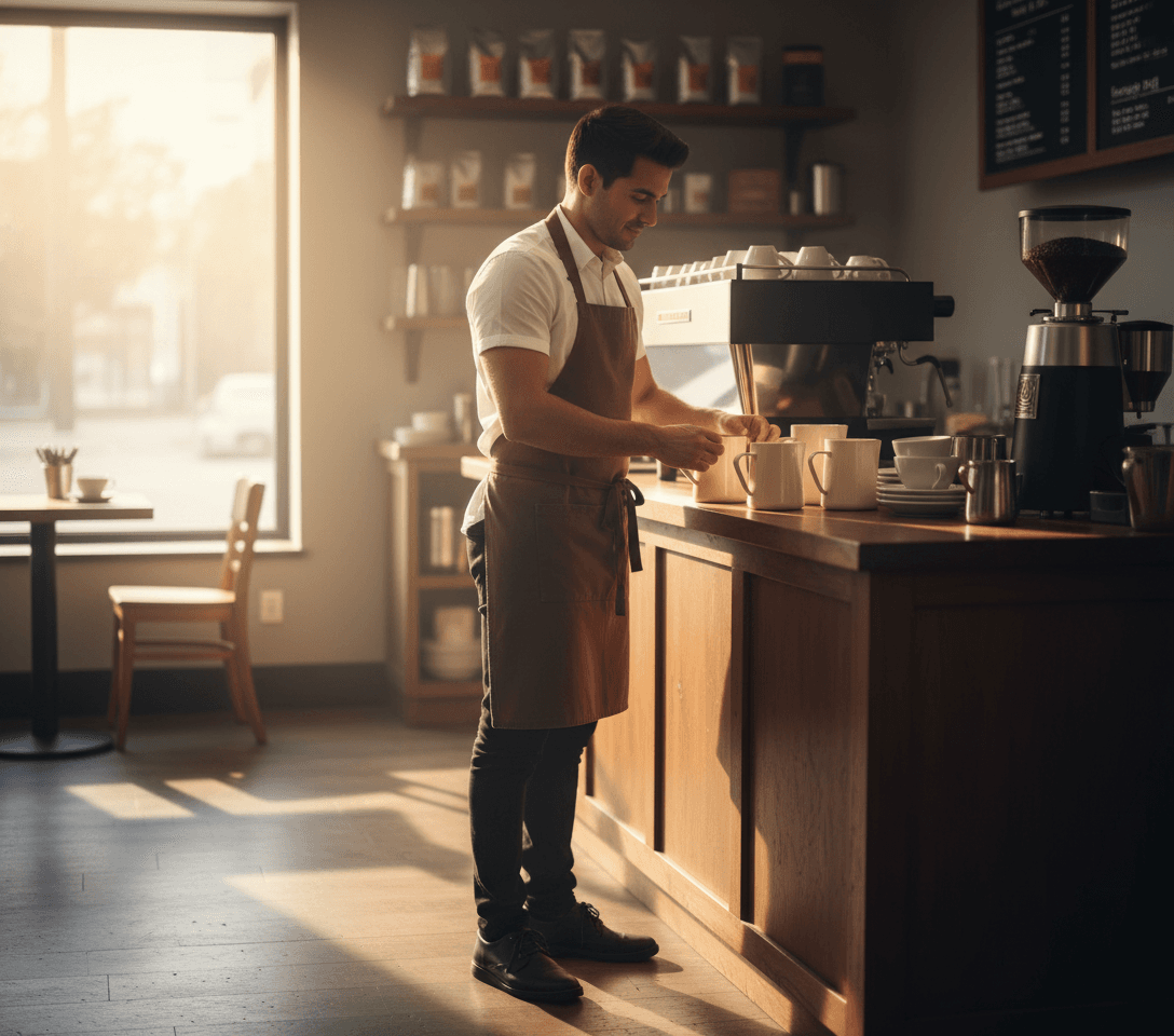 AI generated: At a coffee shop. It's a early morning, it's dawning. The Hispanic male barista is 5 feet tall. He i...