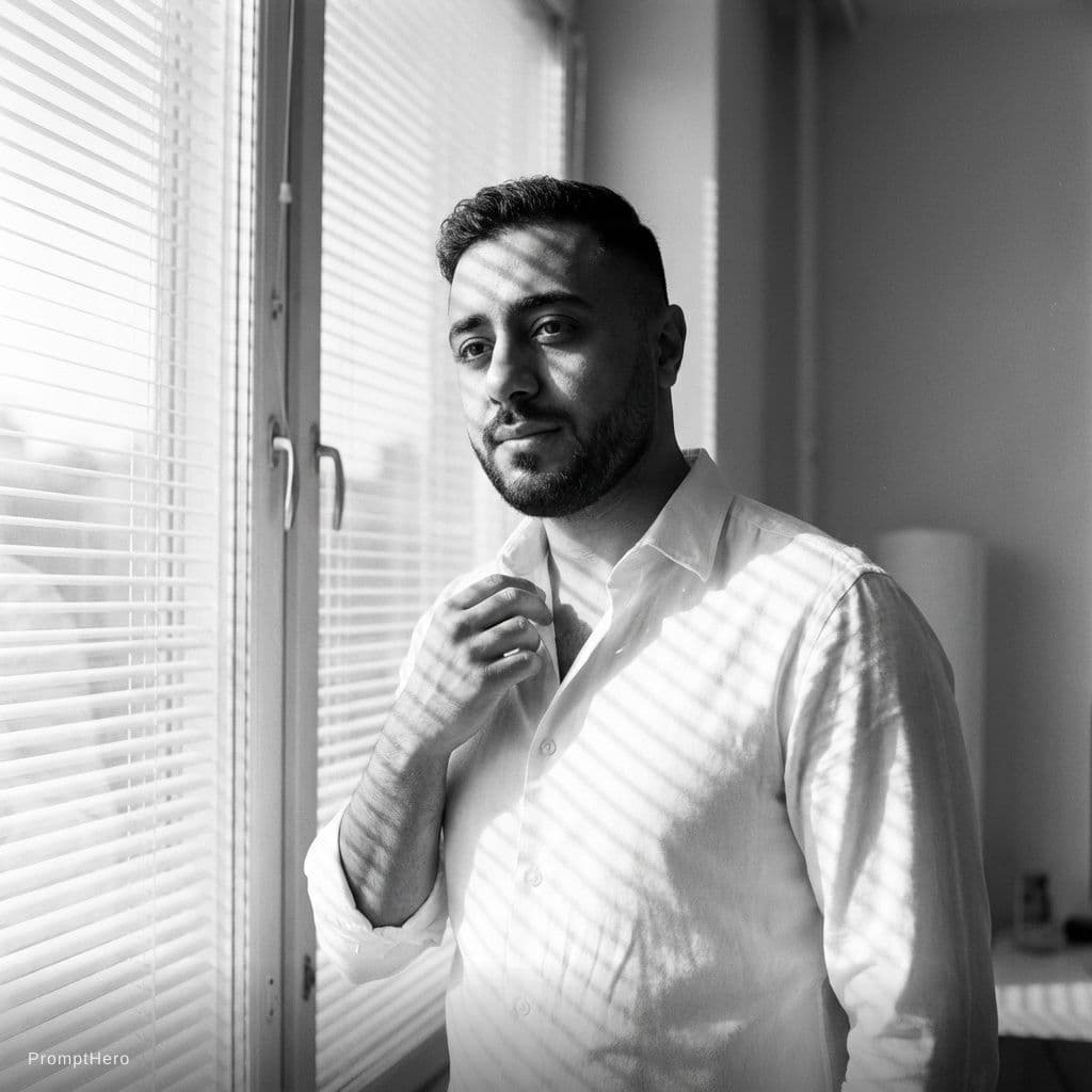 AI generated: Ultra-realistic 8K black and white cinematic mid-shot portrait of a young man (use provided face), s...