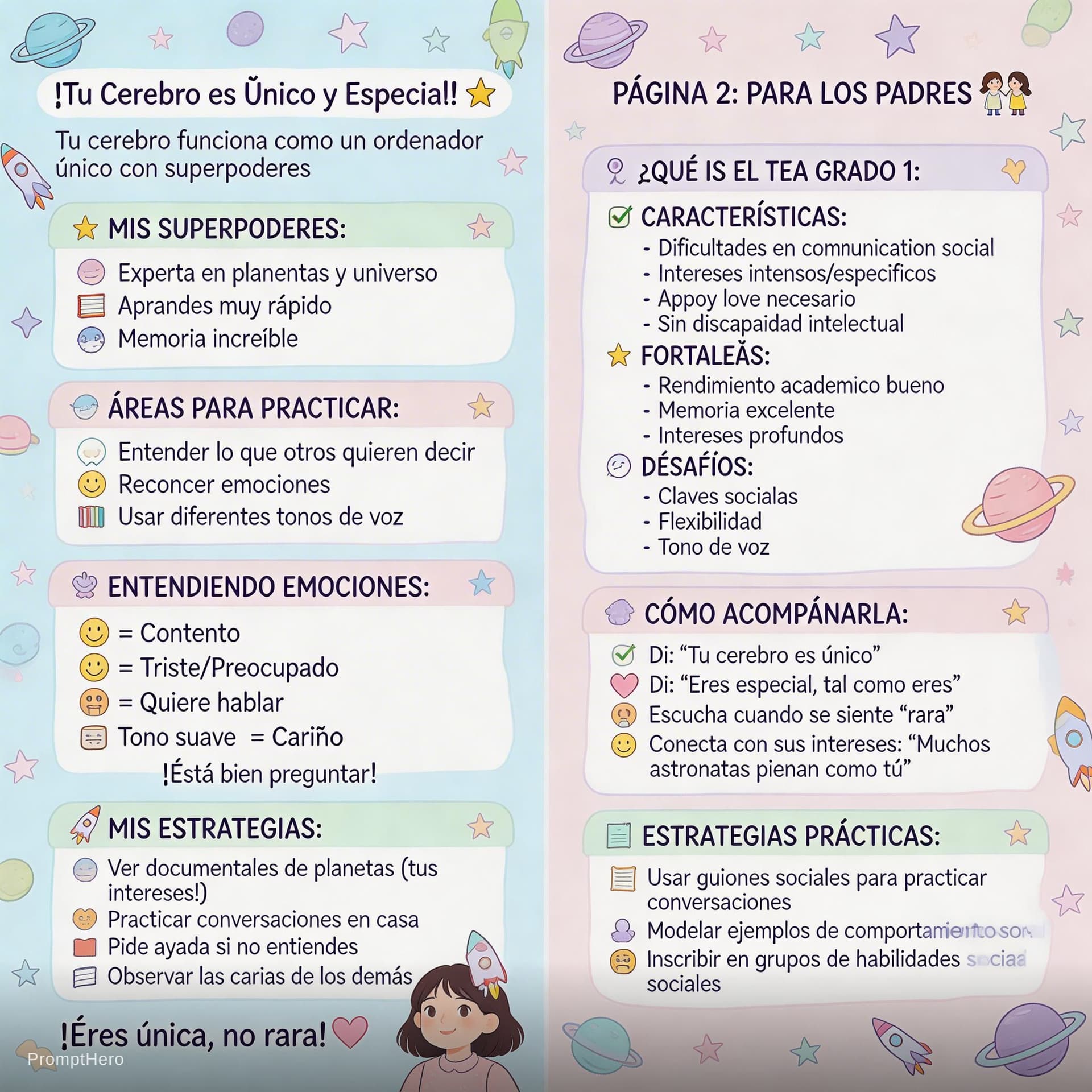 AI generated: "Crea una infografía educativa de 2 páginas sobre Trastorno del Espectro Autista (TEA) Grado 1 con l...