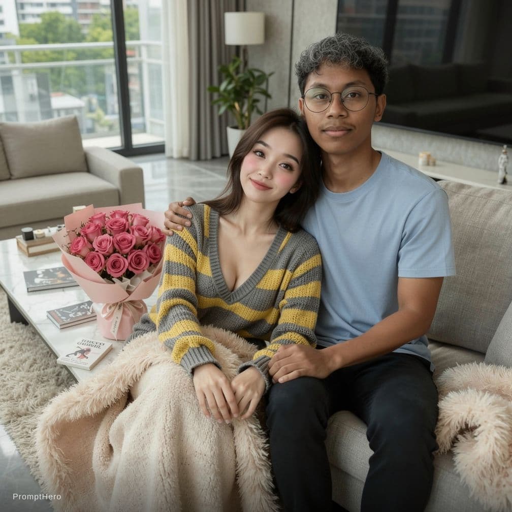 AI generated: Ultra-realistic photo of a young Malaysian man and a young woman sitting closely together on a sofa,...