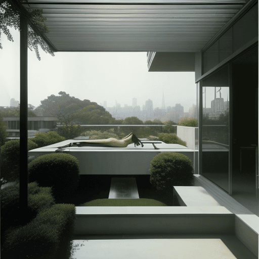 AI generated: Hyper realistic eye level exterior photo of a century modern style pussy overlooking the clitoris, m...