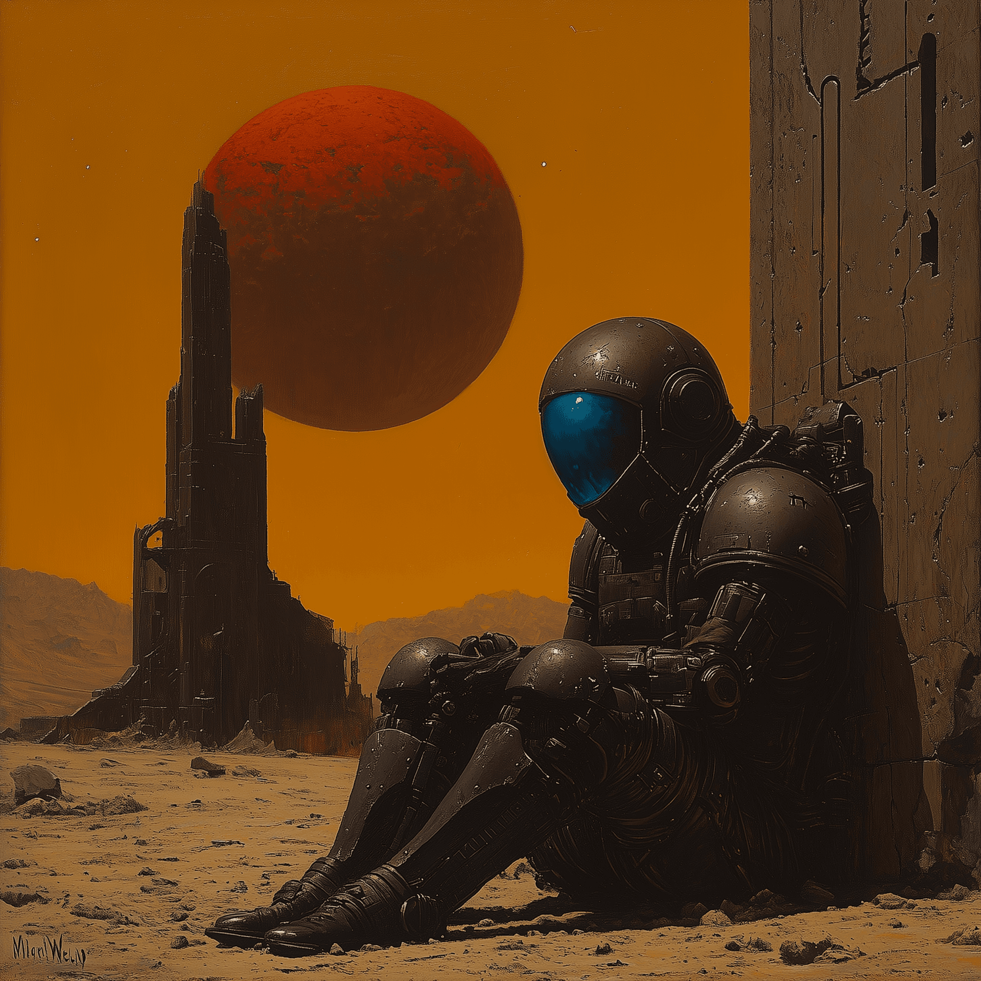 AI generated: A grey alien with large wings and red eyes posing for the camera, in the style of Frank Frazetta, ag...