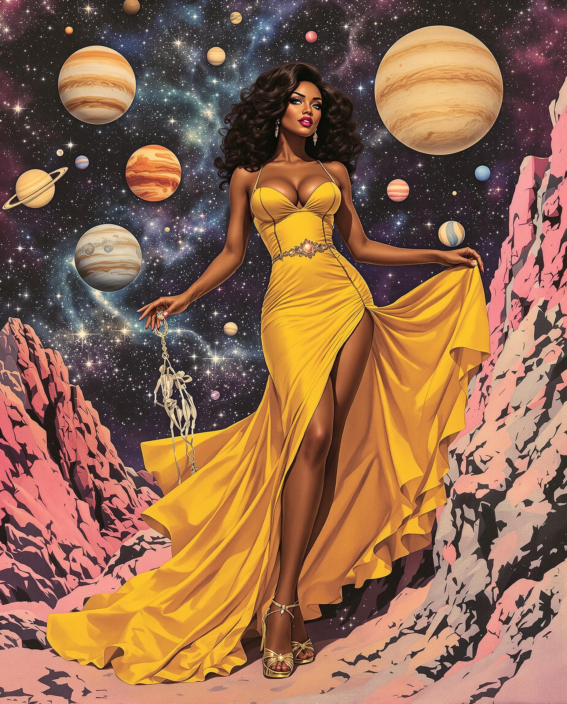 AI generated: a painting of an African American woman in a yellow dress, heavy metal comic cover art, space theme,...