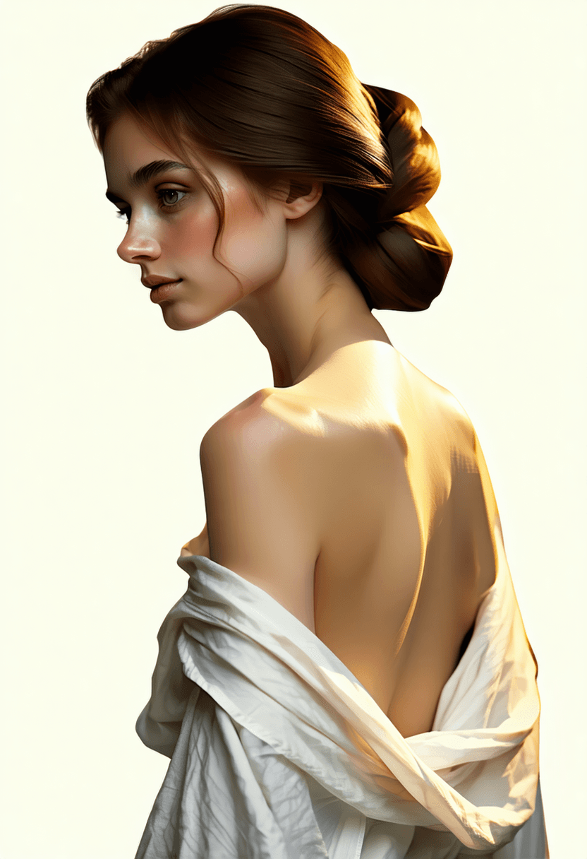AI generated: dramatic classical oil portrait, woman with back turned, diaphanous white cloth, elegant shoulder an...