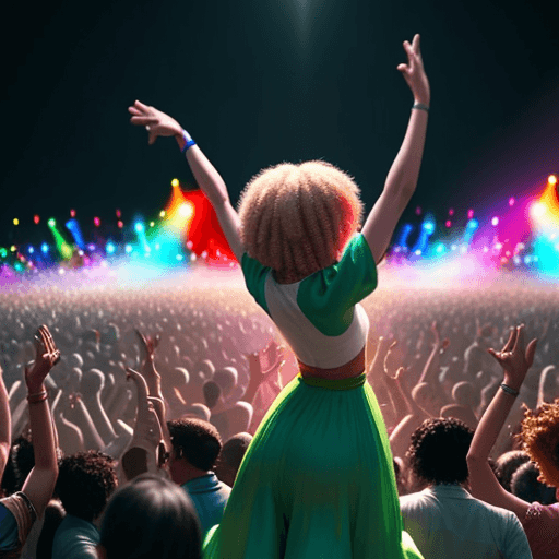 AI generated: hundreds dancing people on earth, everyone is happy, music, 8k