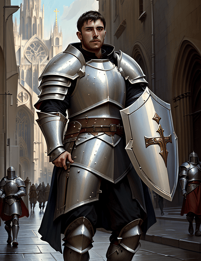 AI generated: young male cleric with shield and heavy armor, in street in front of cathedral, with kind shaved fac...