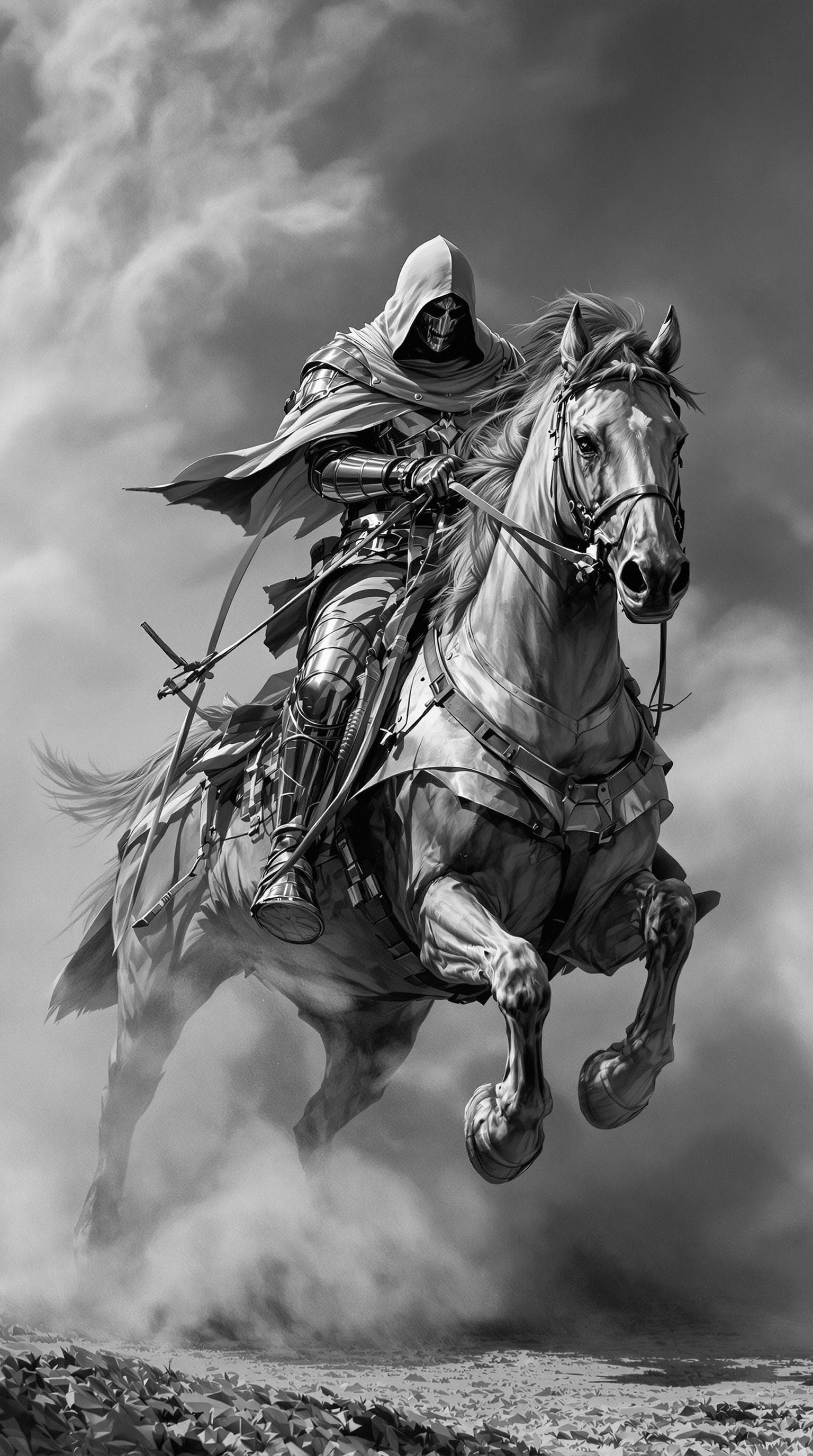 AI generated: Black and white art of a hooded knight riding his horse in full gallop, smoke around him, detailed, ...