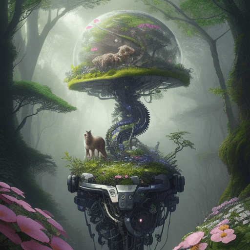 AI generated: A piece of nature  made of mechanical parts and electronics with trees, flowers and cute animals, fu...