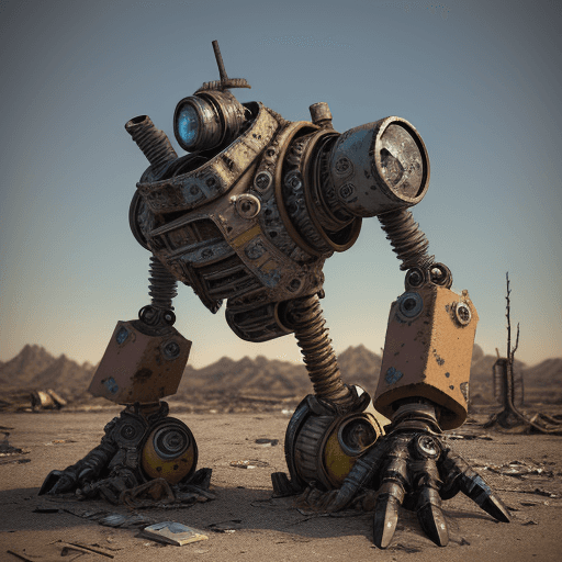 AI generated: In a desolate, post-apocalyptic wasteland, Scrapheap, a resourceful junkbot, constructs marvels from...