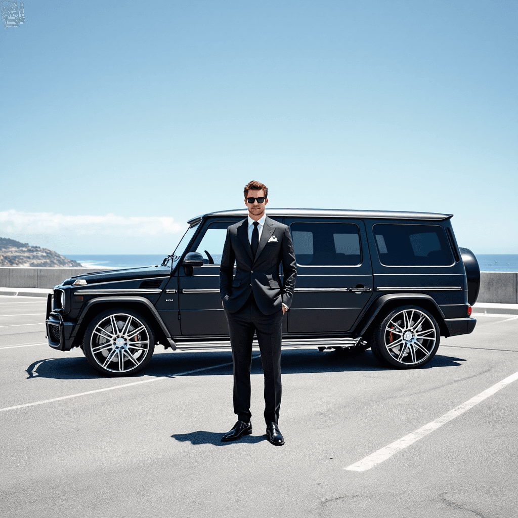 AI generated: A white male wearing a Louis Vuitton suit and dress shoes poses in front of a Mercedes G station wag...