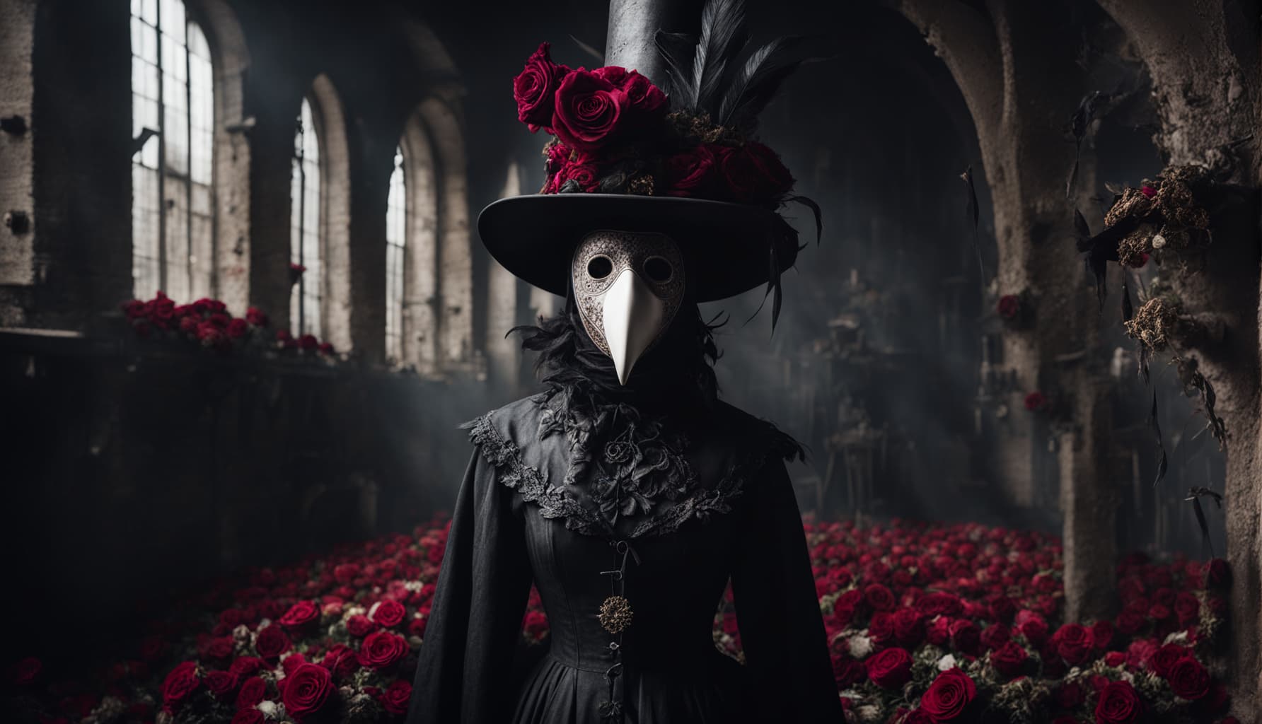 AI generated: Insanely detailed CG wallpaper, 16k, a girl cosplaying a plague doctor, insanely realistic and ornat...