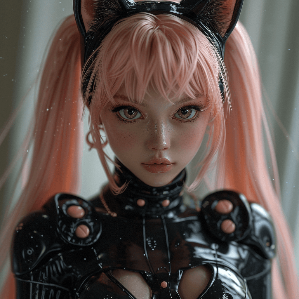 AI generated: beautiful cat human-like, she is dressed in a black latex outfit, she have beautiful light pink hair...